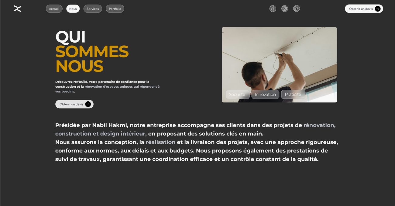 Page Qui sommes-nous de NA'Build, avec les trois valeurs de l'entreprise