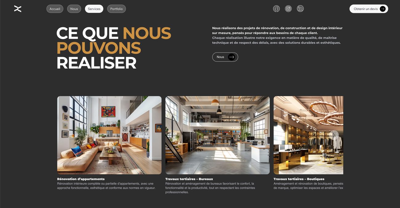 Page Services de NA'Build : trois cartes illustrées présentant les types de chantiers