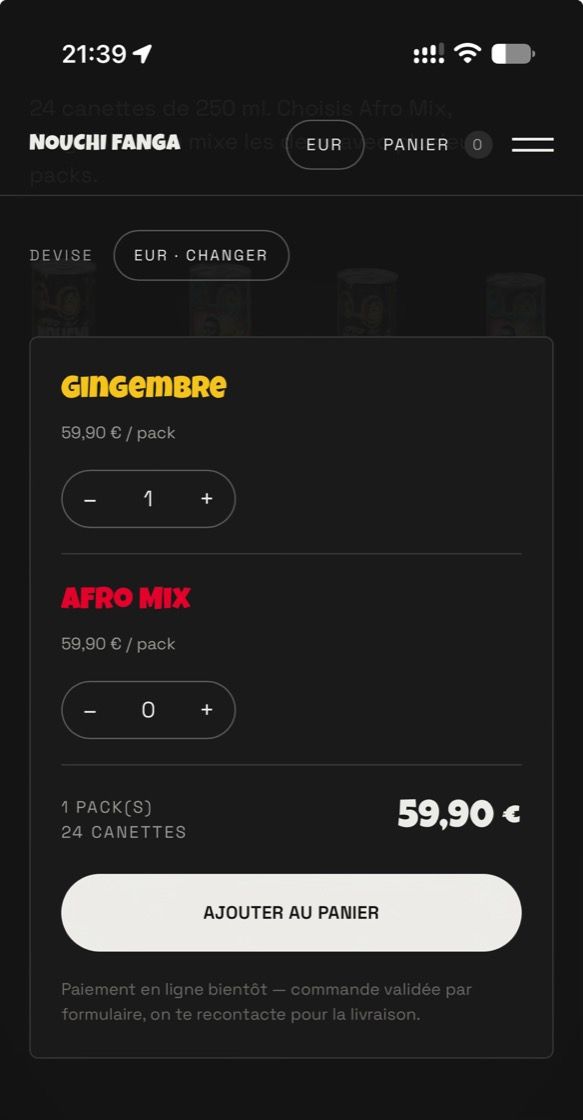 Nouchi Fanga sur téléphone : le configurateur de pack et le choix de devise