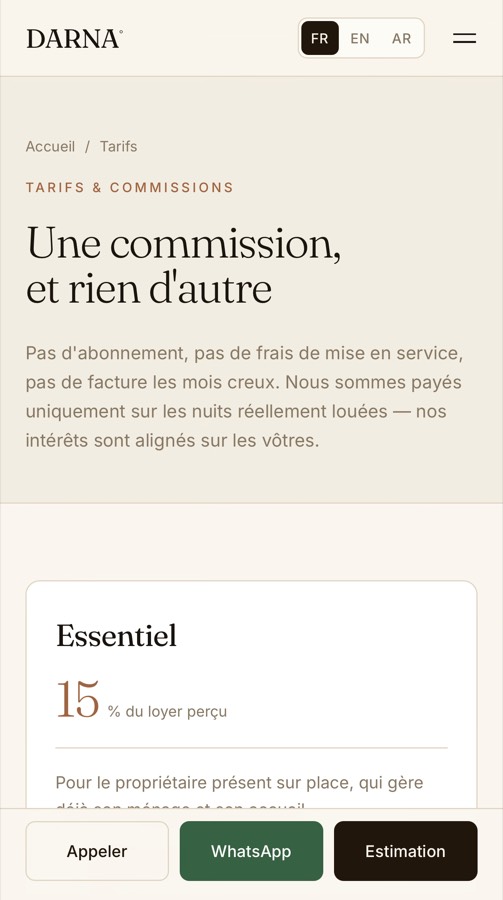 DARNA sur téléphone : la page Tarifs et la commission