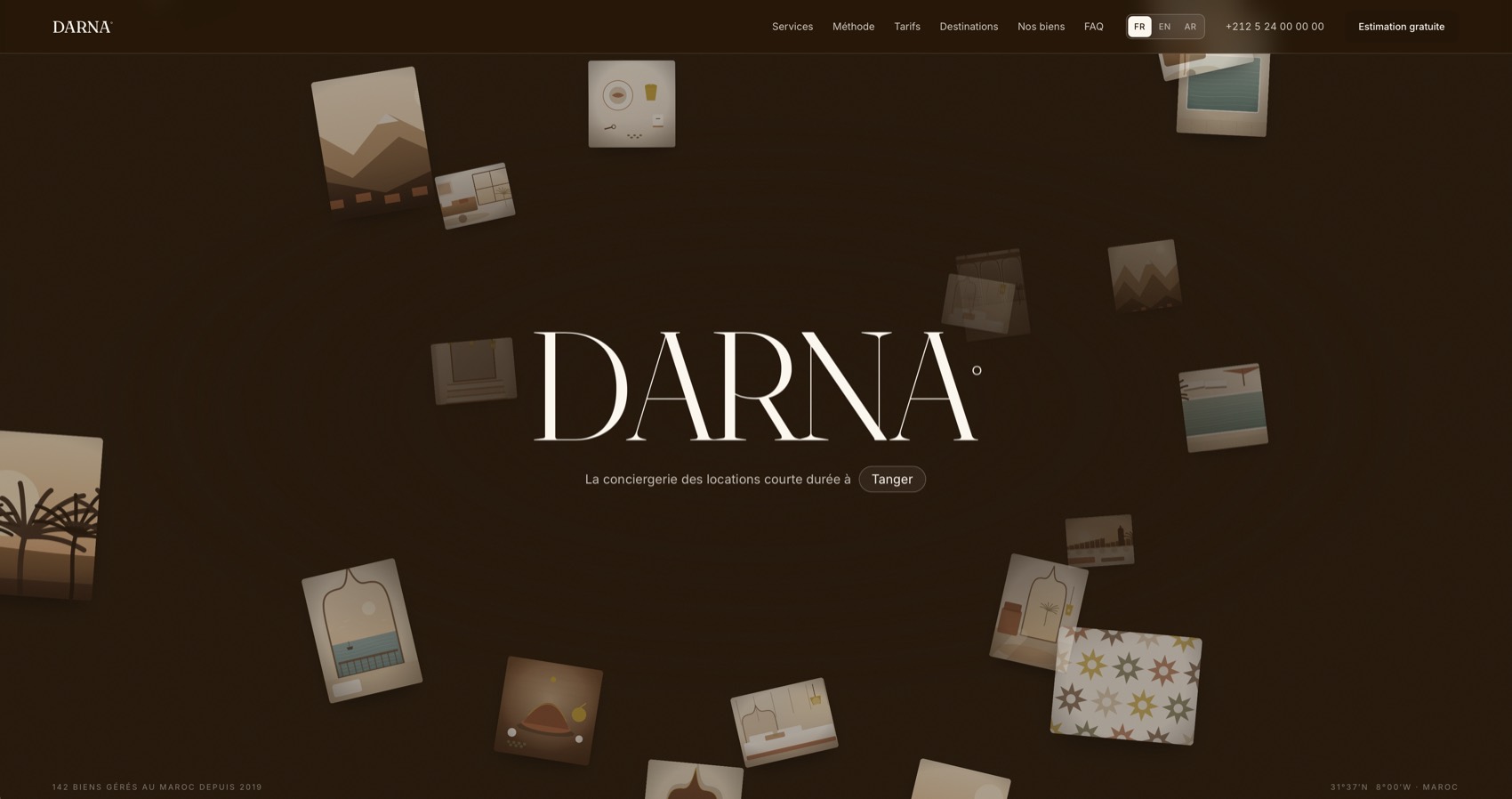 Page d'accueil de DARNA : le nom en grand sur un fond brun, entouré de cartes illustrées