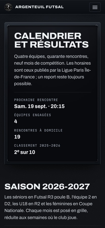 Argenteuil Futsal sur téléphone : le calendrier